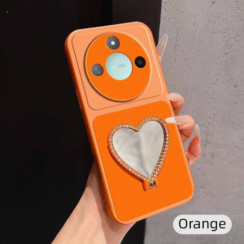 For Honor X60 Lambskin Series Skin Feel Shockproof Phone Case with Heart Mirror Holder(Orange)