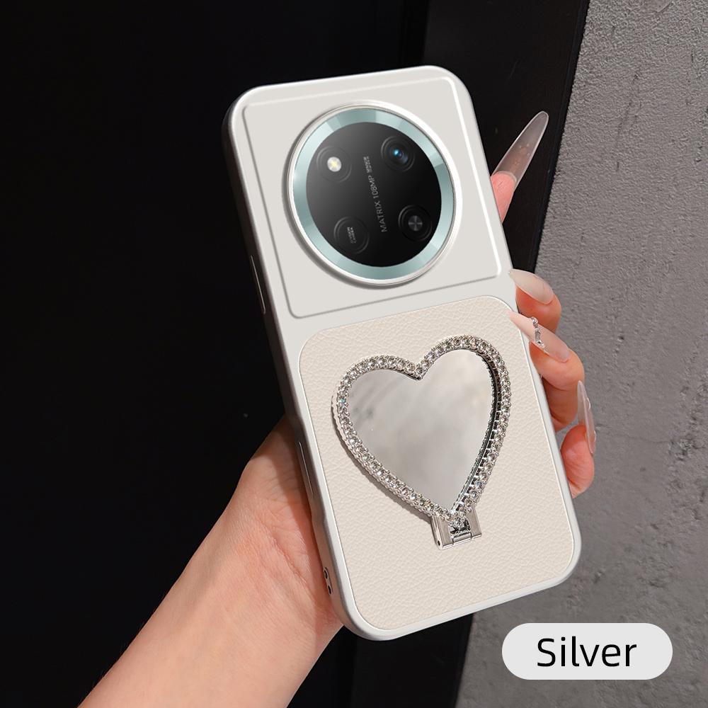 For Honor X60 Pro Lambskin Series Skin Feel Shockproof Phone Case with Heart Mirror Holder(Silver)