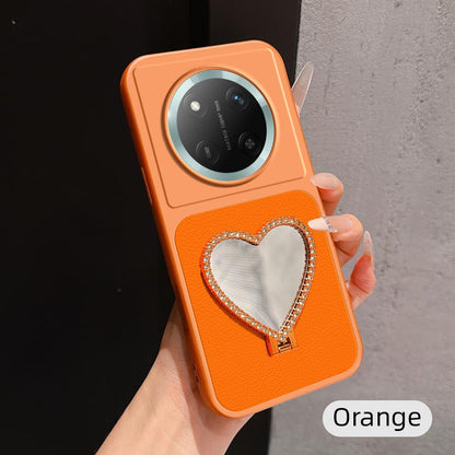 For Honor X60 Pro Lambskin Series Skin Feel Shockproof Phone Case with Heart Mirror Holder(Orange)