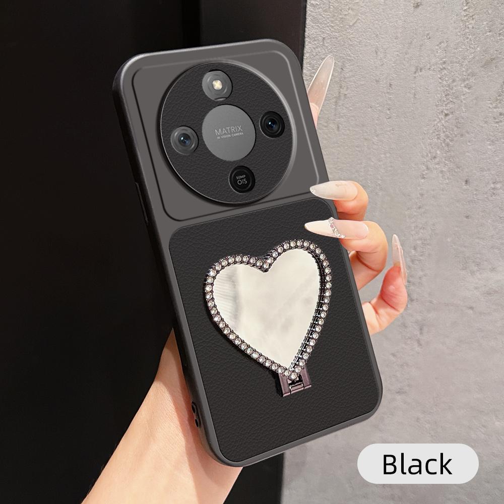 For Honor X70 5G Lambskin Series Skin Feel Shockproof Phone Case with Heart Mirror Holder(Black)