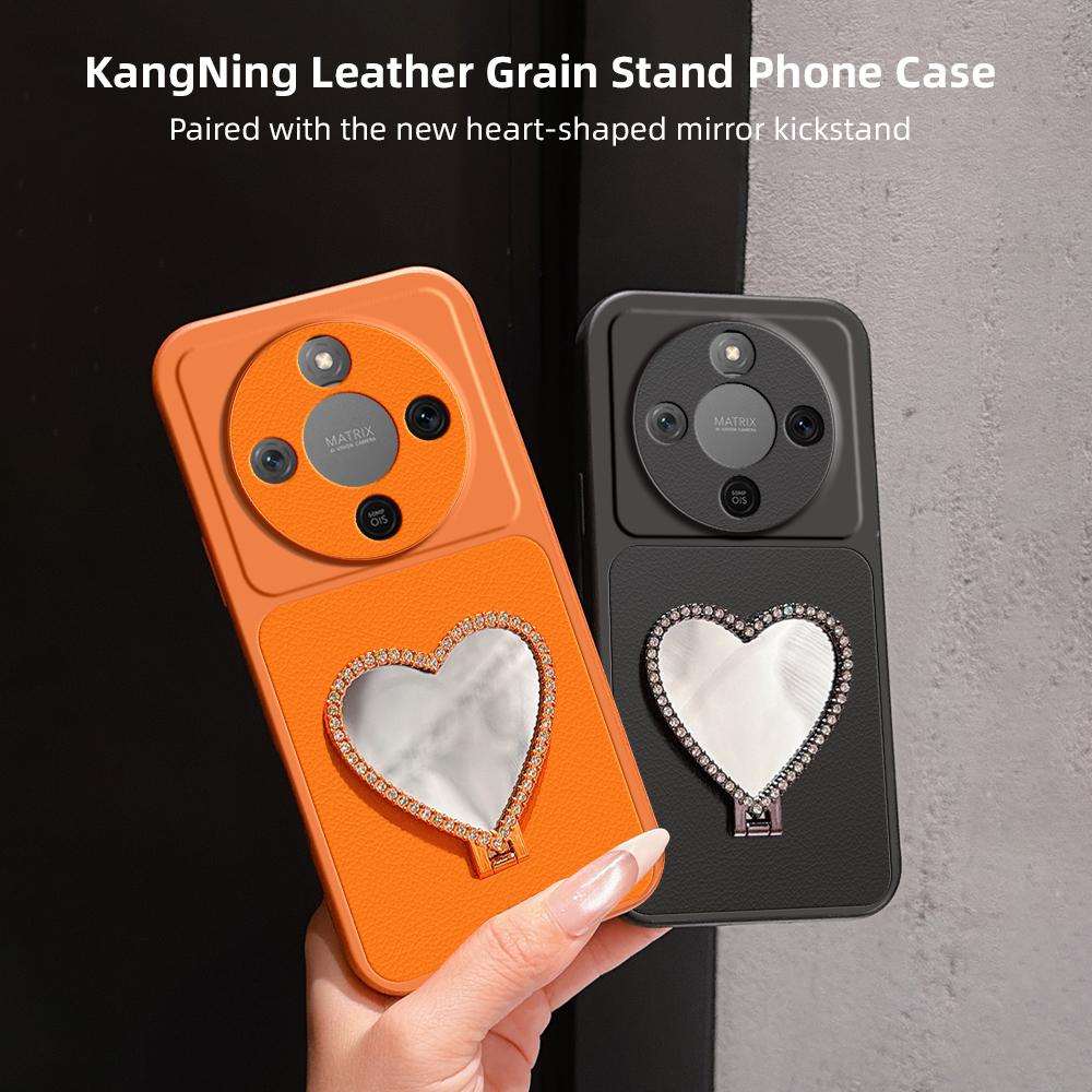 For Honor X70 5G Lambskin Series Skin Feel Shockproof Phone Case with Heart Mirror Holder(Black)