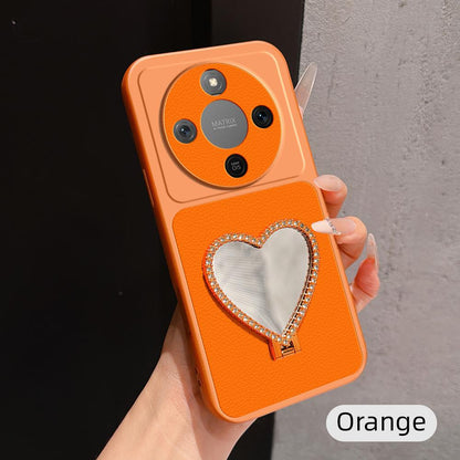 For Honor X70 5G Lambskin Series Skin Feel Shockproof Phone Case with Heart Mirror Holder(Orange)