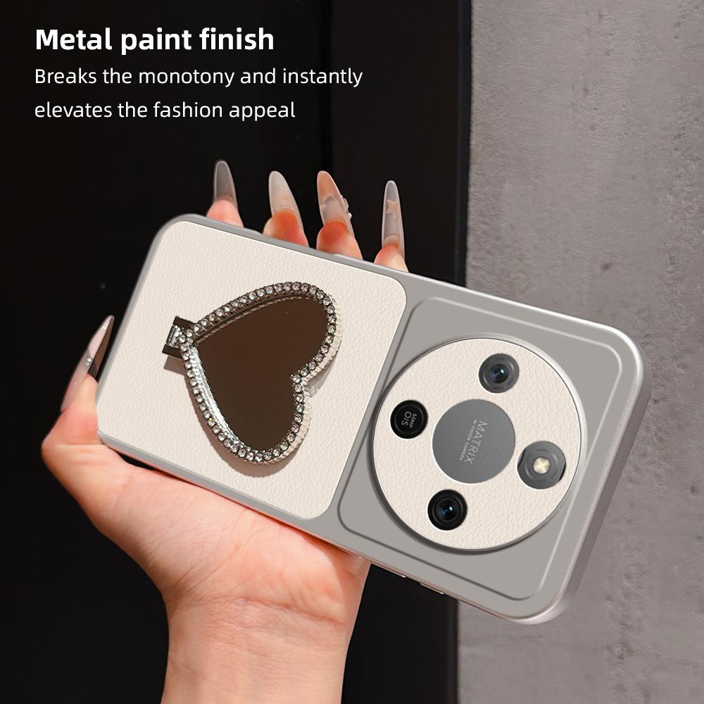 For Honor X70 5G Lambskin Series Skin Feel Shockproof Phone Case with Heart Mirror Holder(Orange)