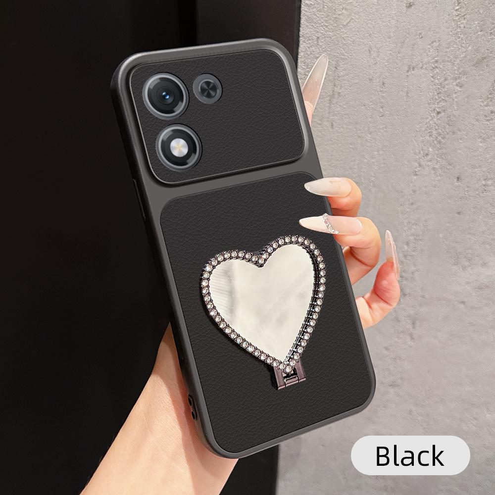 For Honor X70i Lambskin Series Skin Feel Shockproof Phone Case with Heart Mirror Holder(Black)