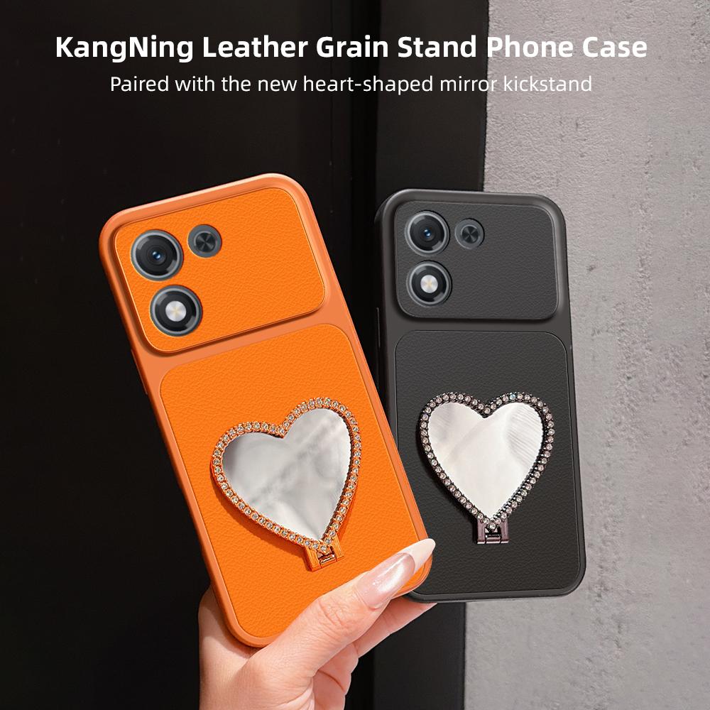 For Honor X70i Lambskin Series Skin Feel Shockproof Phone Case with Heart Mirror Holder(Black)