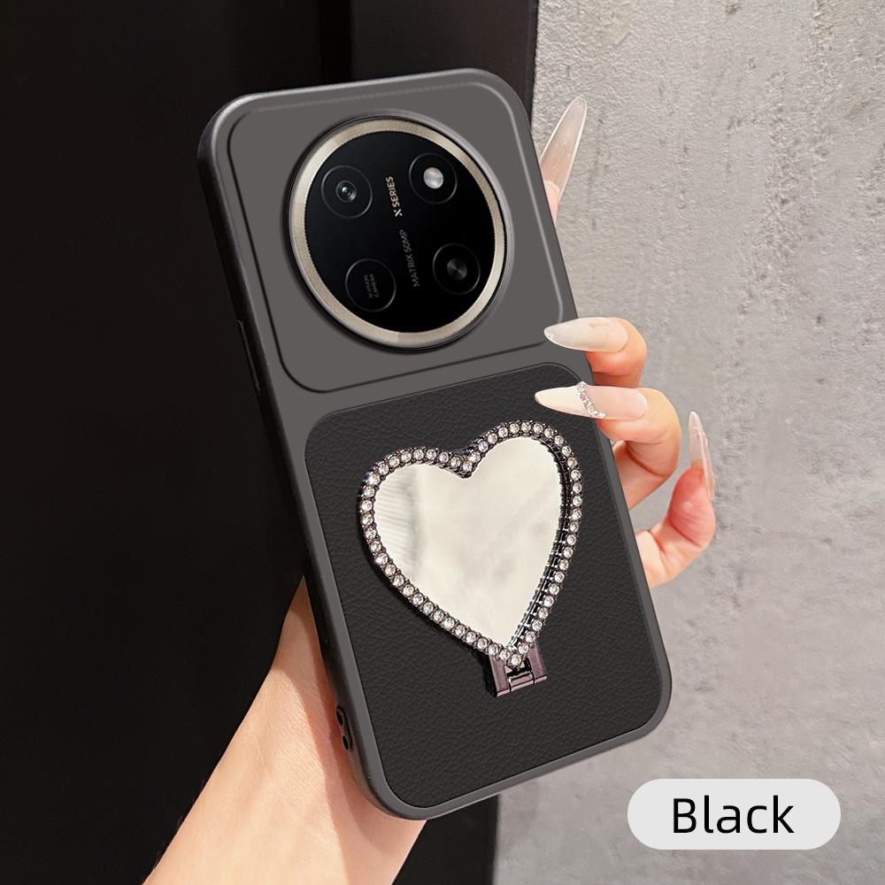 For Honor X80 Pro Max 5G Lambskin Series Skin Feel Shockproof Phone Case with Heart Mirror Holder(Black)
