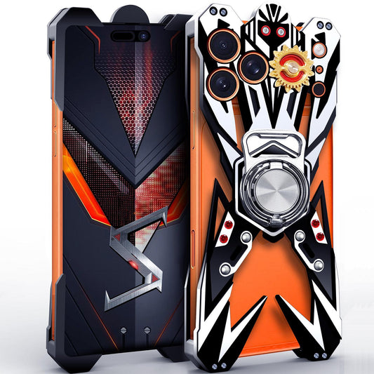 For iPhone 17 Pro Max Mecha Design Aluminum Alloy Hollow Phone Case with Rotating Holder(Silver Black)