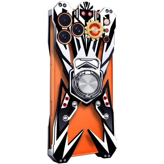 For iPhone 17 Pro Max Mecha Design Aluminum Alloy Hollow Phone Case with Rotating Holder(Silver Black)