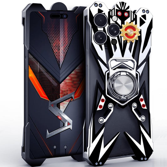 For iPhone 14 Pro Max Mecha Design Aluminum Alloy Hollow Phone Case with Rotating Holder(Silver Black)