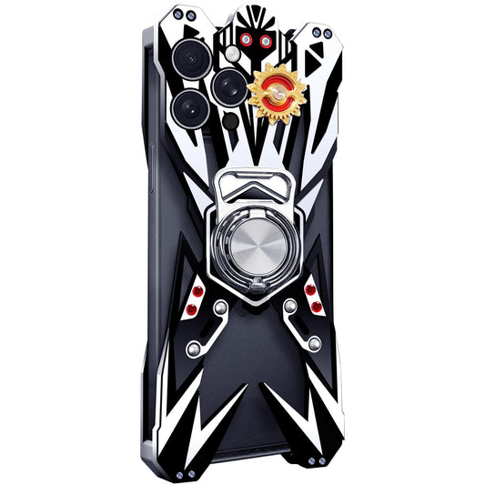 For iPhone 14 Pro Max Mecha Design Aluminum Alloy Hollow Phone Case with Rotating Holder(Silver Black)