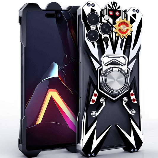 For iPhone 15 Pro Max Mecha Design Aluminum Alloy Hollow Phone Case with Rotating Holder(Silver Black)