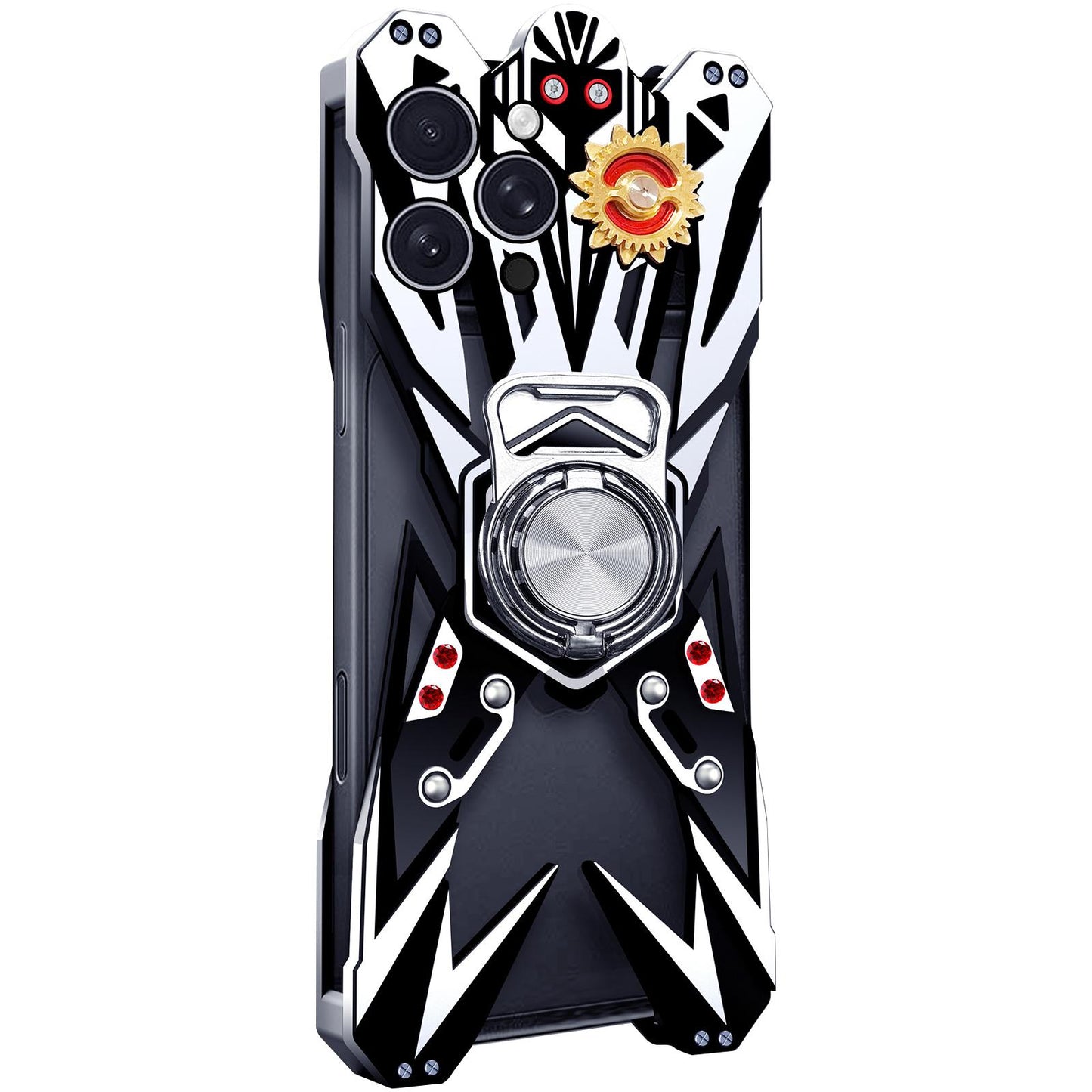 For iPhone 15 Pro Max Mecha Design Aluminum Alloy Hollow Phone Case with Rotating Holder(Silver Black)