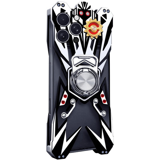 For iPhone 15 Pro Max Mecha Design Aluminum Alloy Hollow Phone Case with Rotating Holder(Silver Black)