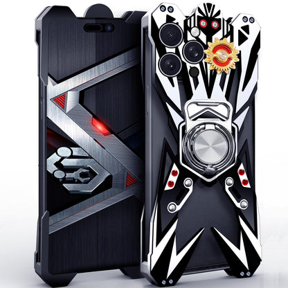 For iPhone 16 Pro Max Mecha Design Aluminum Alloy Hollow Phone Case with Rotating Holder(Silver Black)