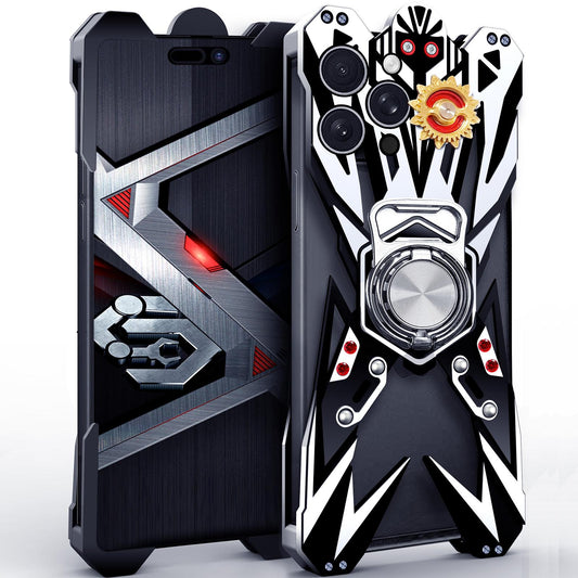 For iPhone 16 Pro Max Mecha Design Aluminum Alloy Hollow Phone Case with Rotating Holder(Silver Black)