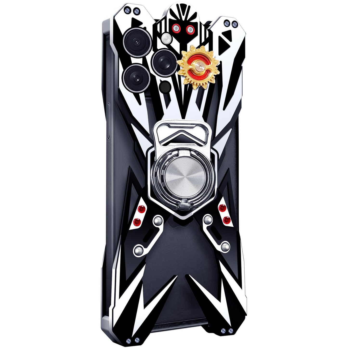 For iPhone 16 Pro Max Mecha Design Aluminum Alloy Hollow Phone Case with Rotating Holder(Silver Black)