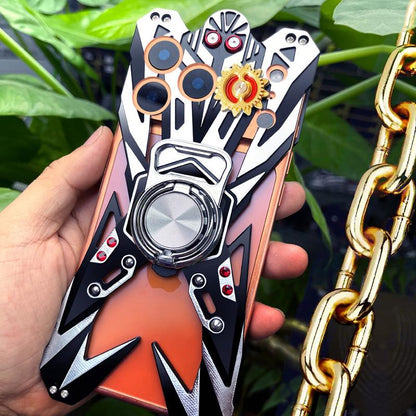 For iPhone 17 Pro Max Mecha Design Aluminum Alloy Hollow Phone Case with Rotating Holder(Silver Black)