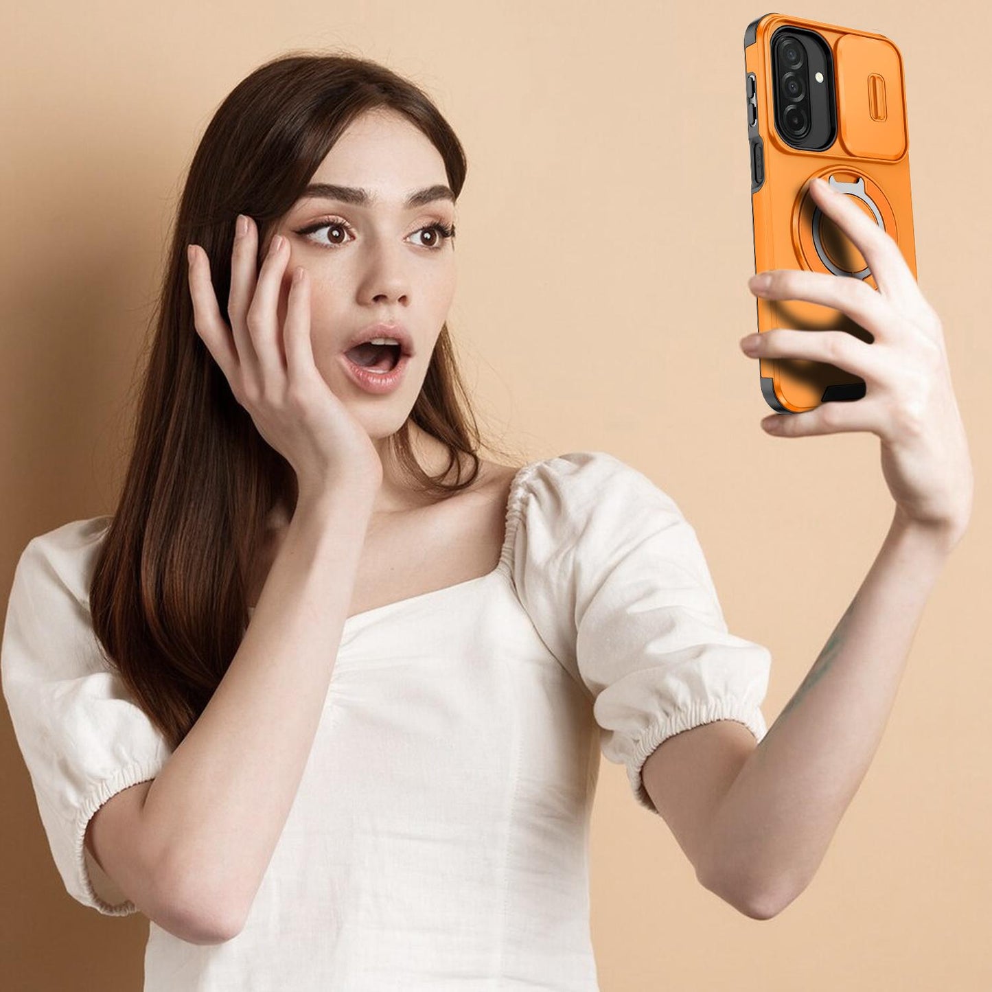 For Samsung Galaxy A27 5G Sliding Camshield Ring Holder Phone Case(Orange)