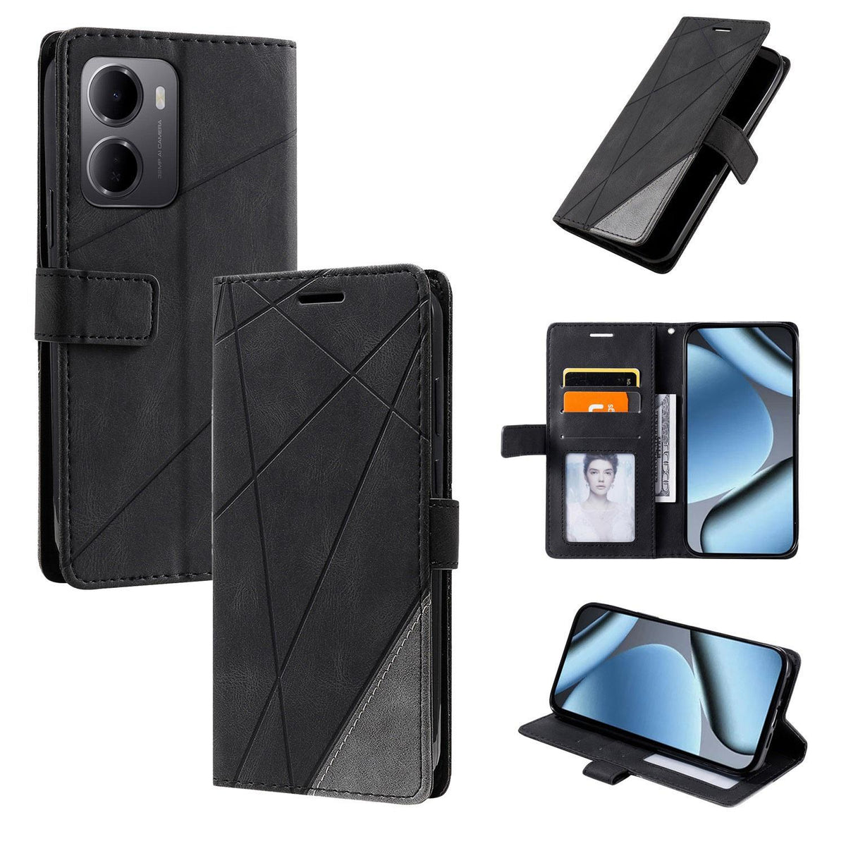 For Redmi 15a 5G / R70 5G Skin Feel Splicing Leather Phone Case - Black - EDA010010910C