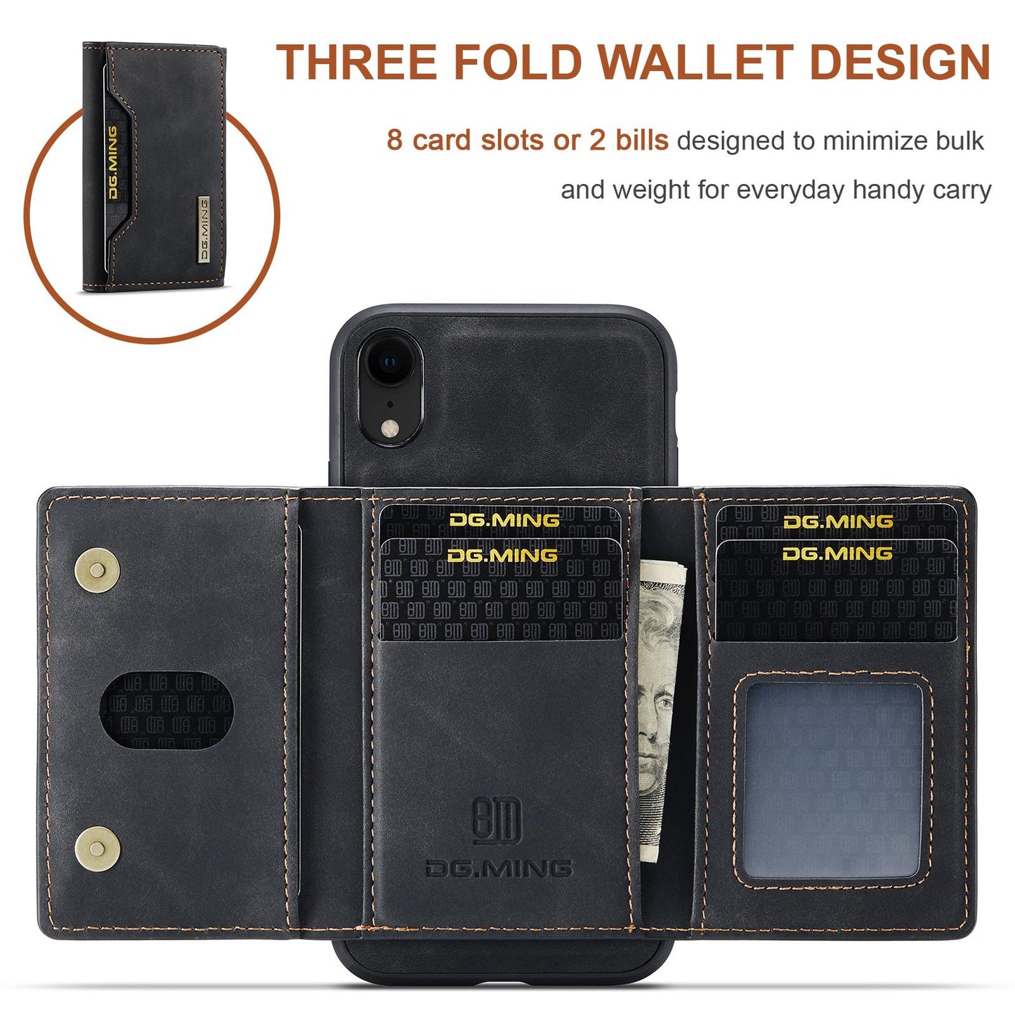For iPhone XR DG.MING M2 Series 3-Fold Multi Card Bag + Magnetic Phone Case(Black)