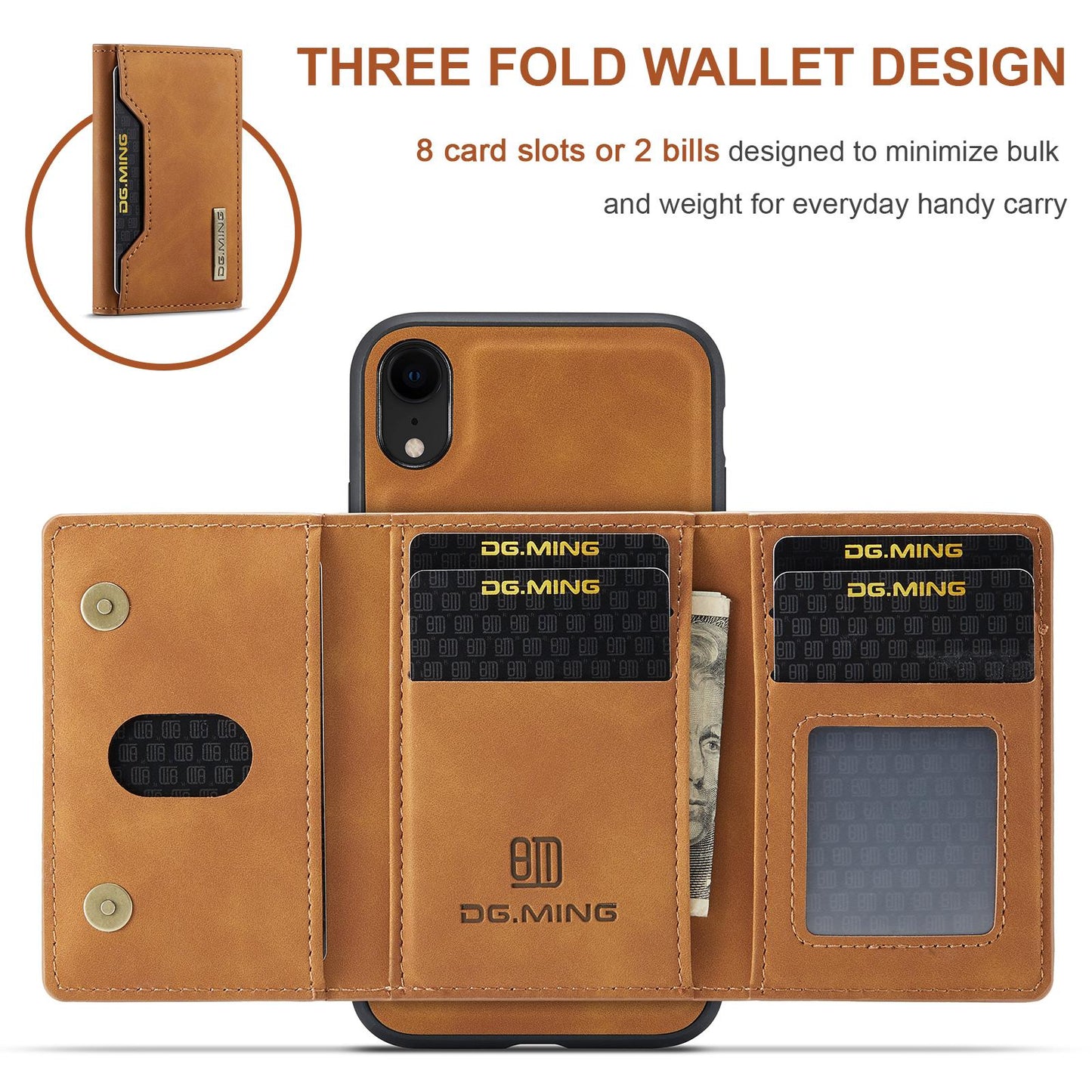 For iPhone XR DG.MING M2 Series 3-Fold Multi Card Bag + Magnetic Phone Case(Brown)