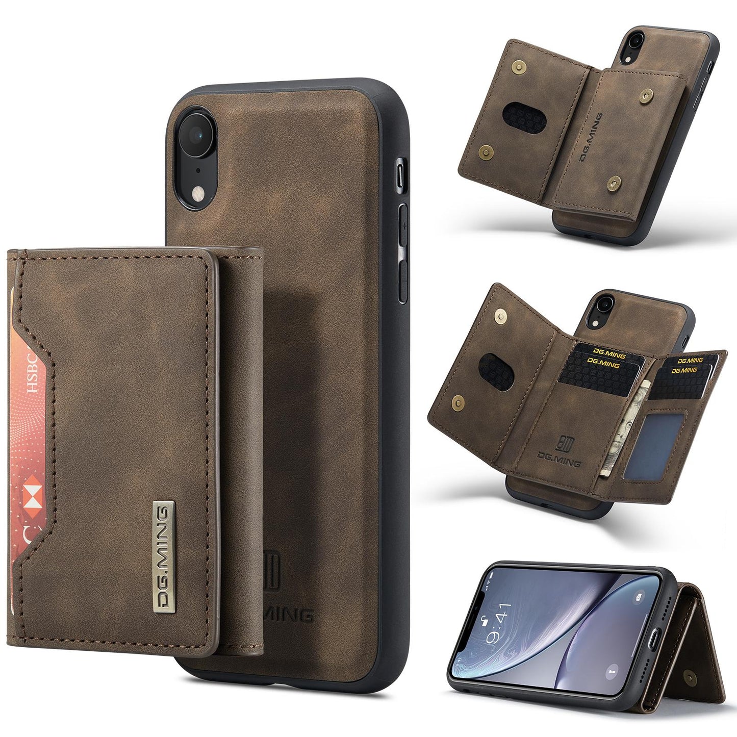 For iPhone XR DG.MING M2 Series 3-Fold Multi Card Bag + Magnetic Phone Case(Coffee)
