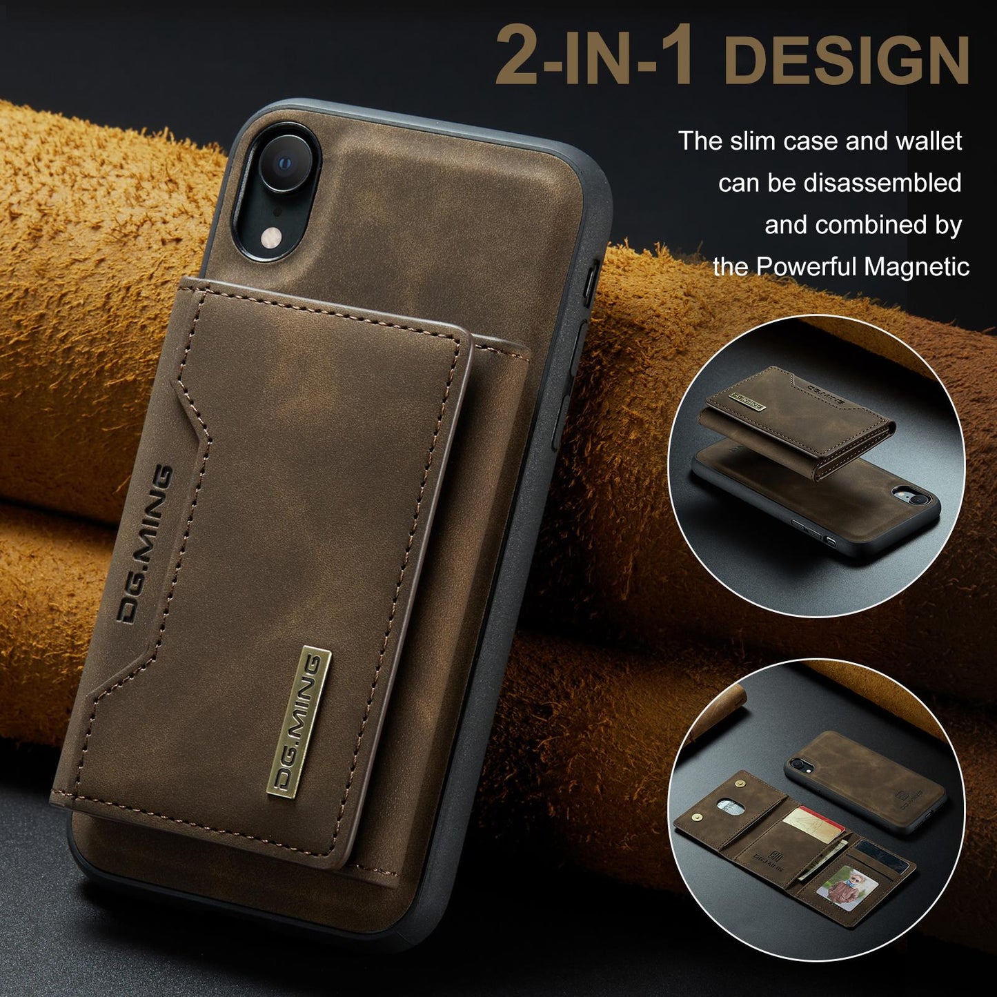 For iPhone XR DG.MING M2 Series 3-Fold Multi Card Bag + Magnetic Phone Case(Coffee)
