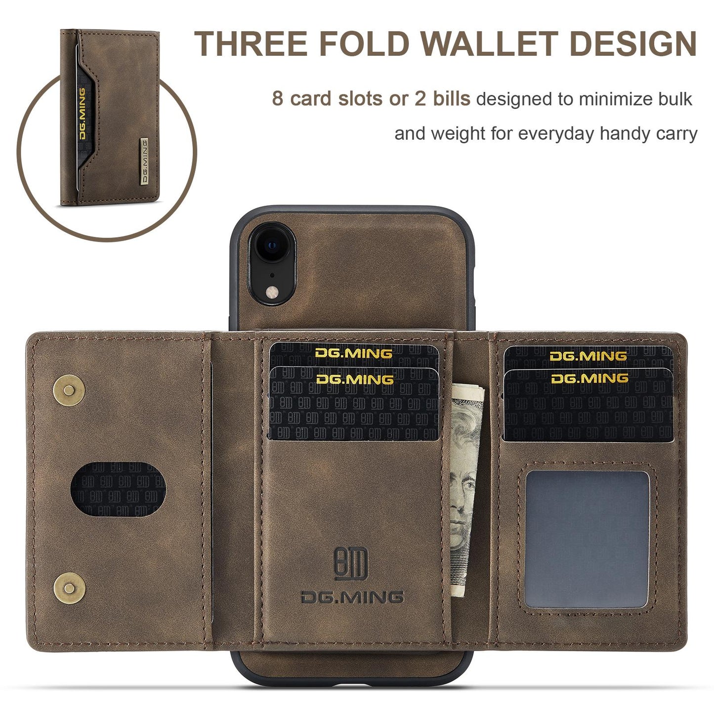 For iPhone XR DG.MING M2 Series 3-Fold Multi Card Bag + Magnetic Phone Case(Coffee)