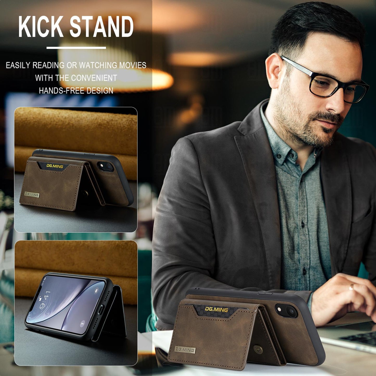 For iPhone XR DG.MING M2 Series 3-Fold Multi Card Bag + Magnetic Phone Case(Coffee)