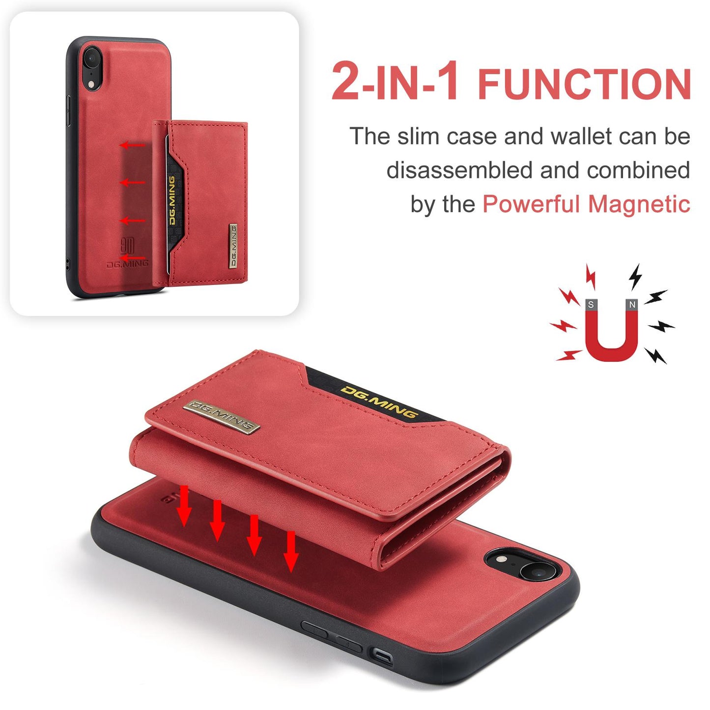 For iPhone XR DG.MING M2 Series 3-Fold Multi Card Bag + Magnetic Phone Case(Red)