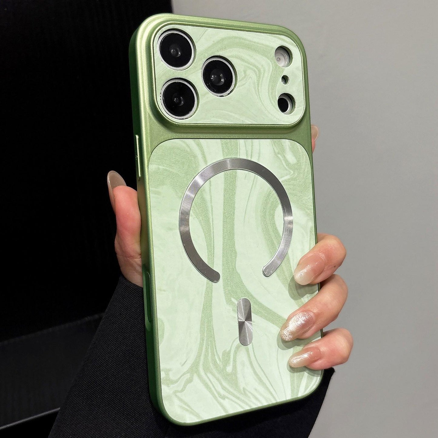 For iPhone 18 Pro Water Ripple PC Magnetic Vegan Leather Phone Case(Green)