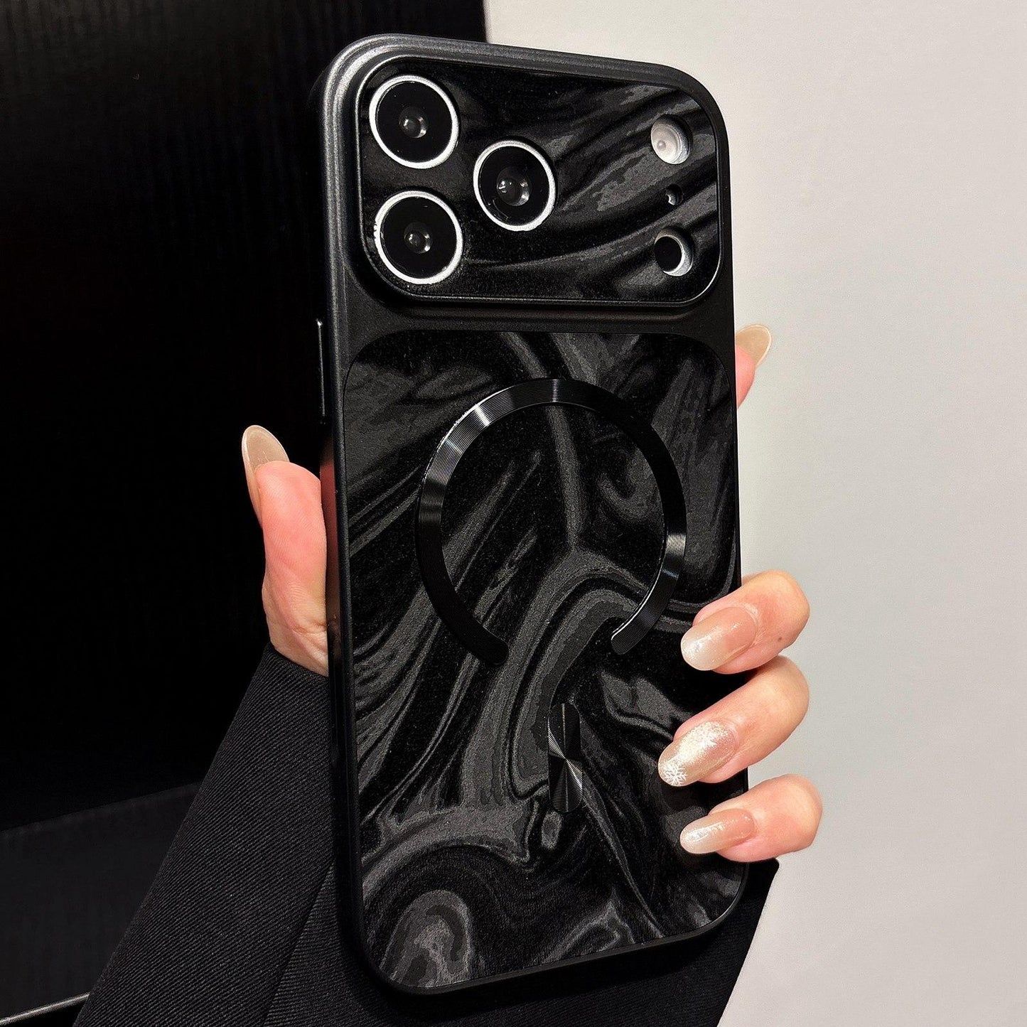 For iPhone 18 Pro Water Ripple PC Magnetic Vegan Leather Phone Case(Black)