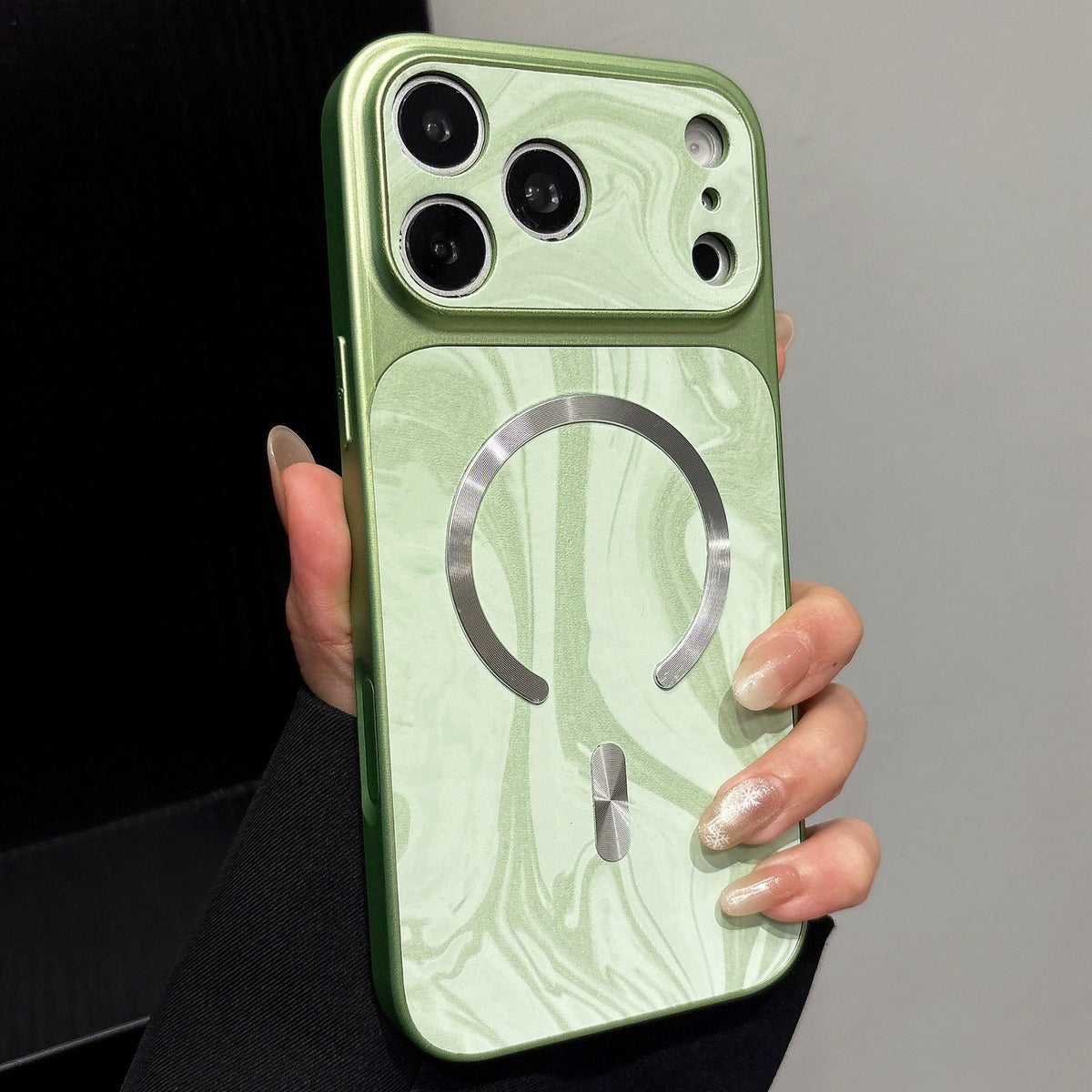For iPhone 17 Pro Max Water Ripple PC Magnetic Vegan Leather Phone Case - Green - EDA010016004A