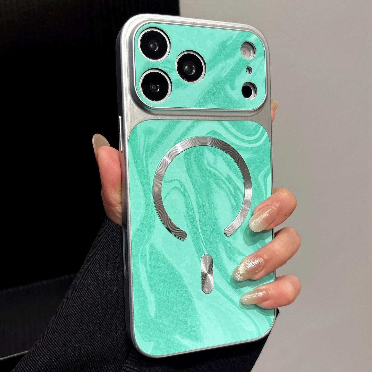 For iPhone 17 Pro Water Ripple PC Magnetic Vegan Leather Phone Case(Cyan)
