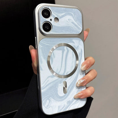 For iPhone 17 Water Ripple PC Magnetic Vegan Leather Phone Case(Blue)
