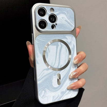 For iPhone 16 Pro Max Water Ripple PC Magnetic Vegan Leather Phone Case(Blue)