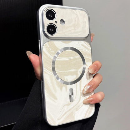For iPhone 16 Plus Water Ripple PC Magnetic Vegan Leather Phone Case(White)