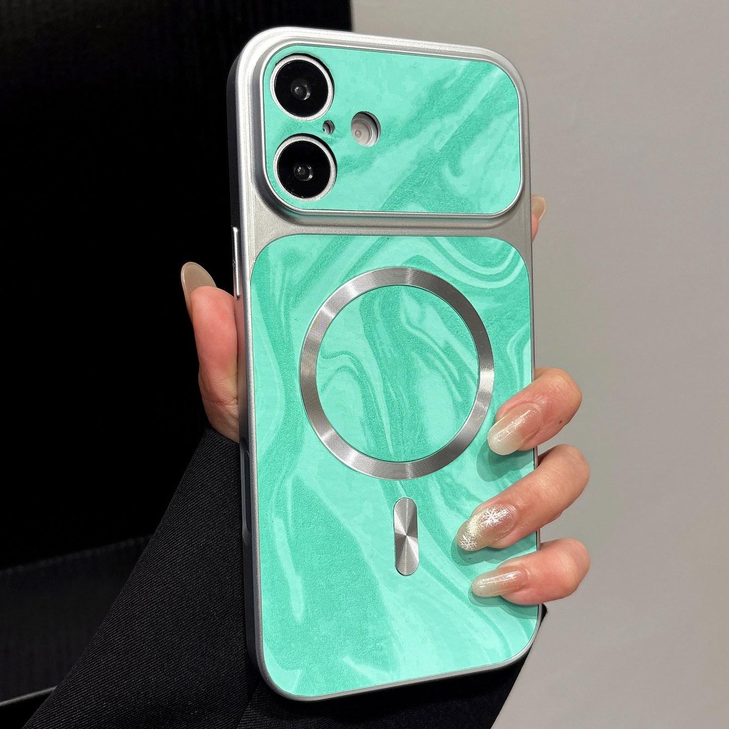 For iPhone 16 Plus Water Ripple PC Magnetic Vegan Leather Phone Case(Cyan)