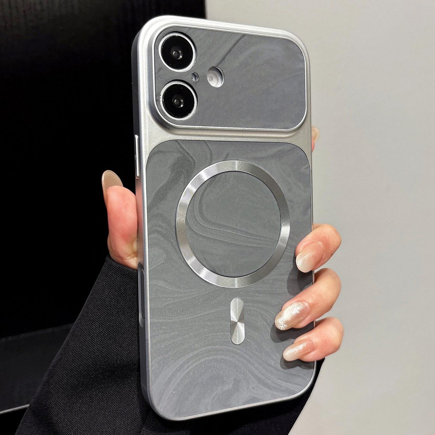 For iPhone 16 Water Ripple PC Magnetic Vegan Leather Phone Case(Silver)