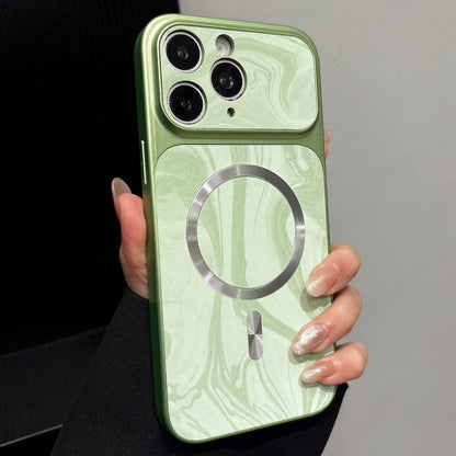 For iPhone 15 Plus Water Ripple PC Magnetic Vegan Leather Phone Case(Green)