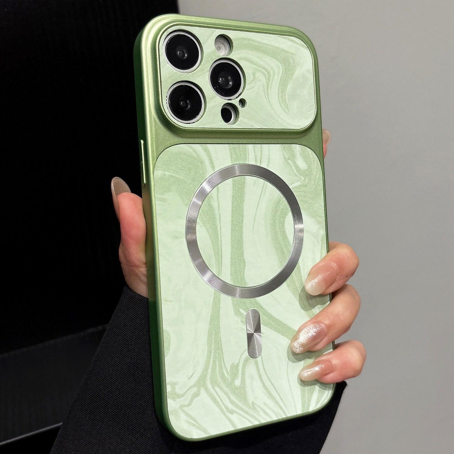 For iPhone 14 Pro Max Water Ripple PC Magnetic Vegan Leather Phone Case(Green)