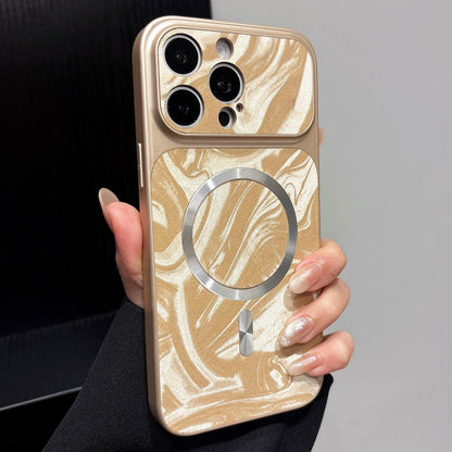 For iPhone 14 Pro Max Water Ripple PC Magnetic Vegan Leather Phone Case(Gold)