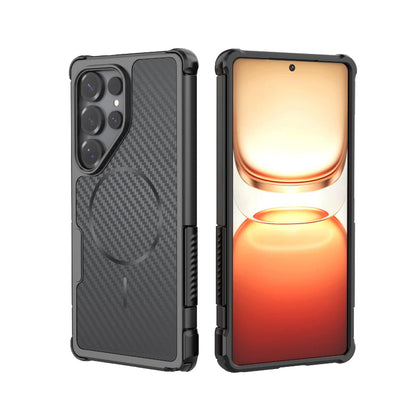 For Galaxy S25 Ultra 5G Rugged Carbon Fiber Texture Airbag Shockproof Magnetic Phone Case(Black)