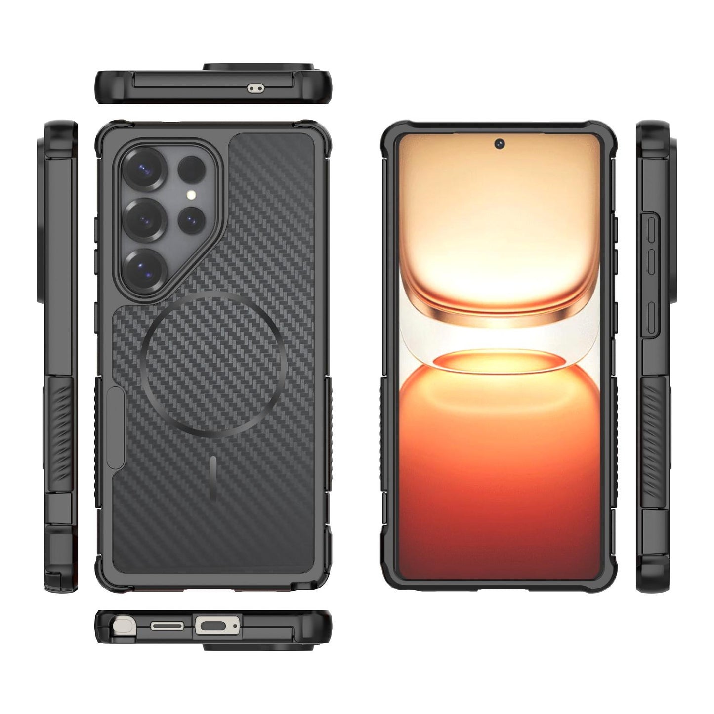 For Galaxy S25 Ultra 5G Rugged Carbon Fiber Texture Airbag Shockproof Magnetic Phone Case(Black)