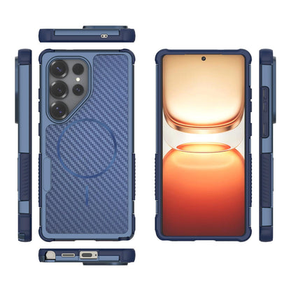 For Galaxy S25 Ultra 5G Rugged Carbon Fiber Texture Airbag Shockproof Magnetic Phone Case(Blue)