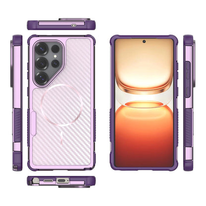 For Galaxy S25 Ultra 5G Rugged Carbon Fiber Texture Airbag Shockproof Magnetic Phone Case(Purple)