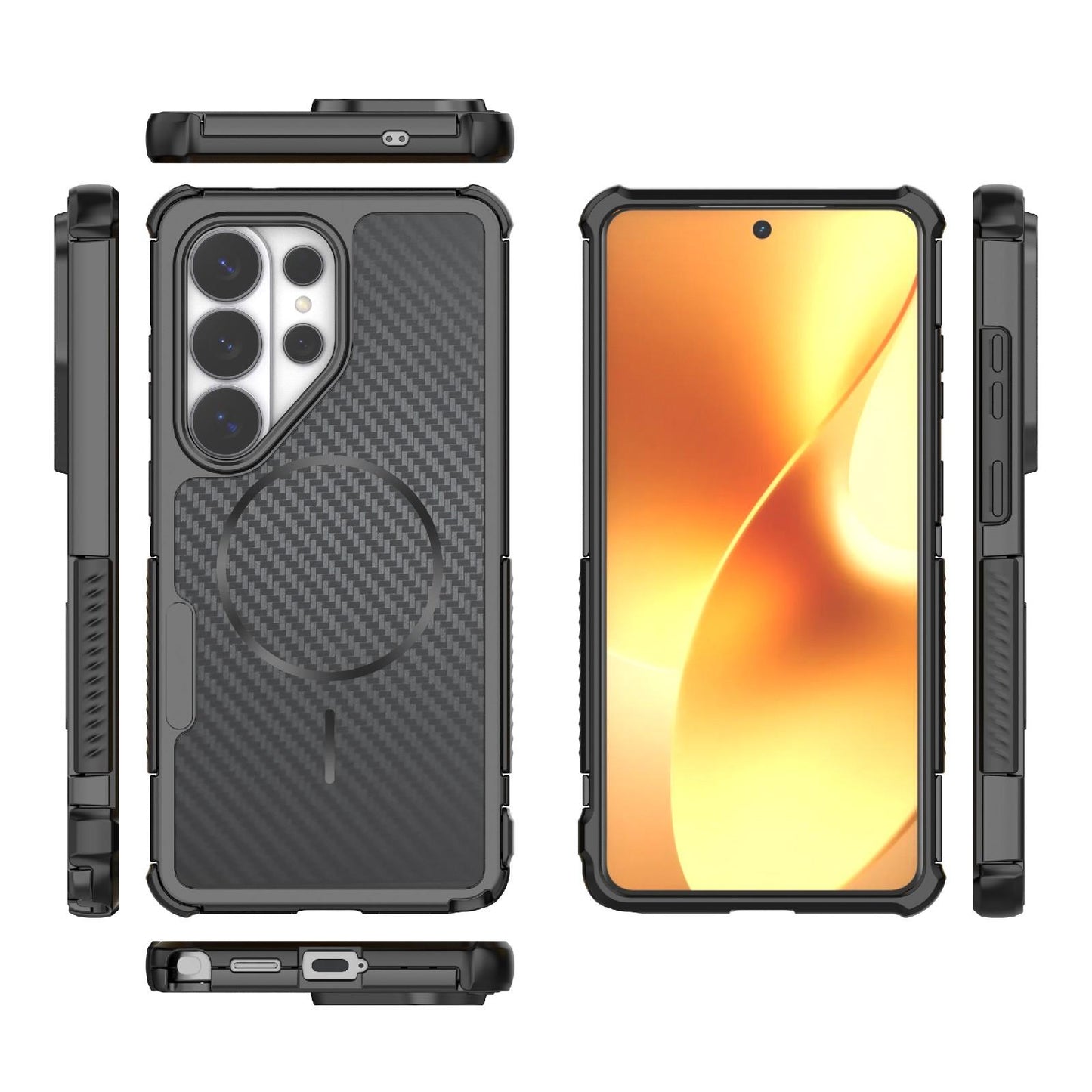 For Galaxy S26 Ultra 5G Rugged Carbon Fiber Texture Airbag Shockproof Magnetic Phone Case(Black)