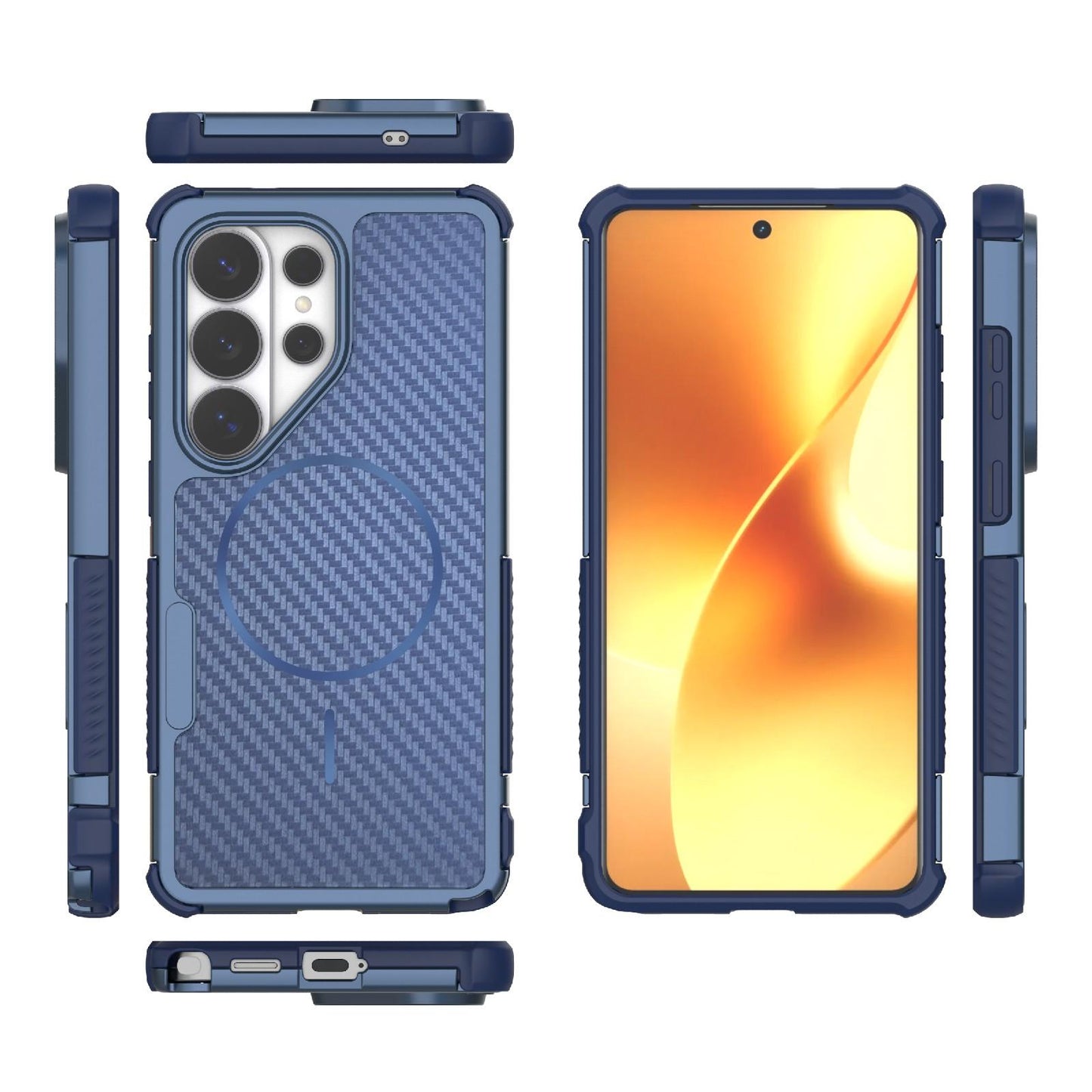 For Galaxy S26 Ultra 5G Rugged Carbon Fiber Texture Airbag Shockproof Magnetic Phone Case(Blue)