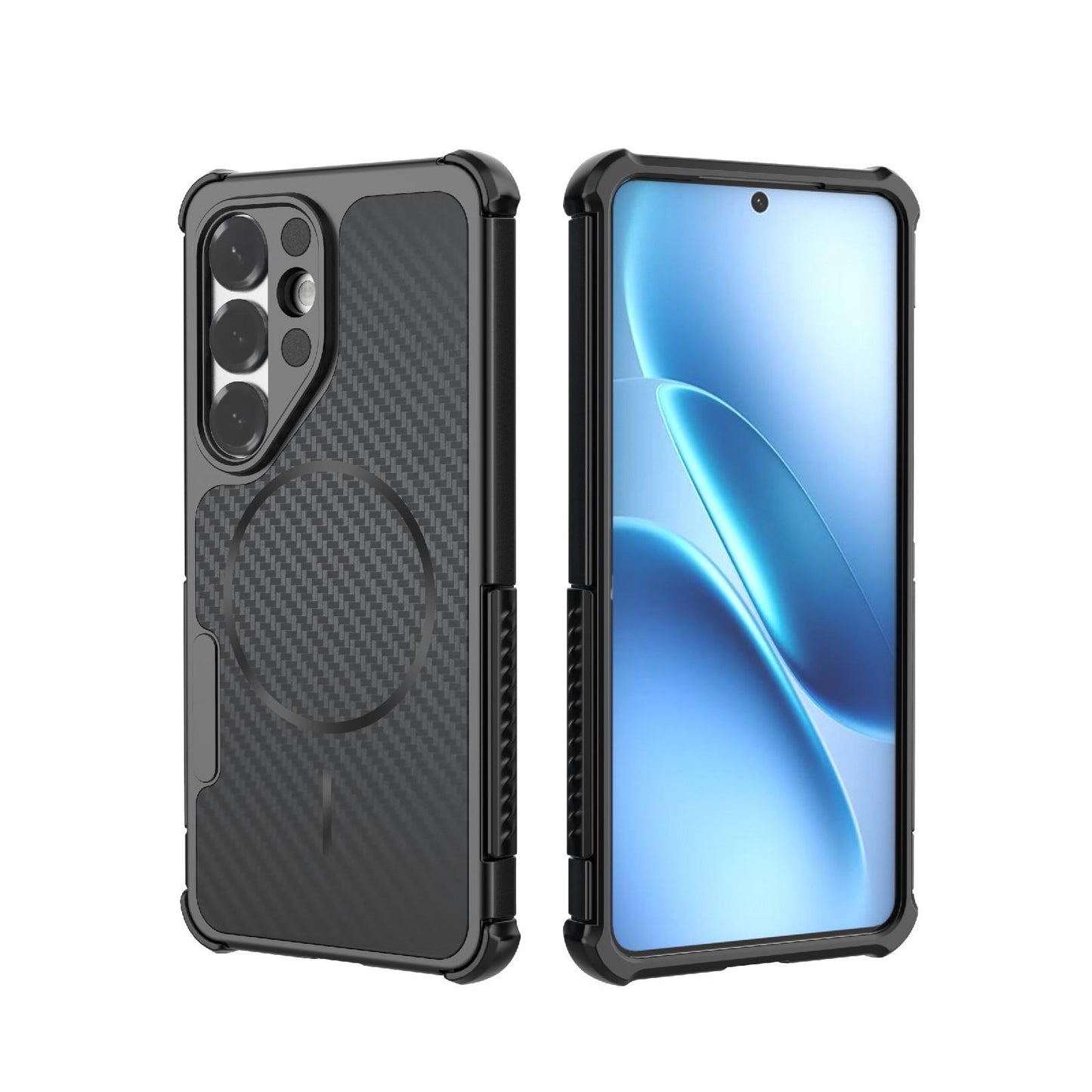 For Galaxy S26 5G Rugged Carbon Fiber Texture Airbag Shockproof Magnetic Phone Case(Black)