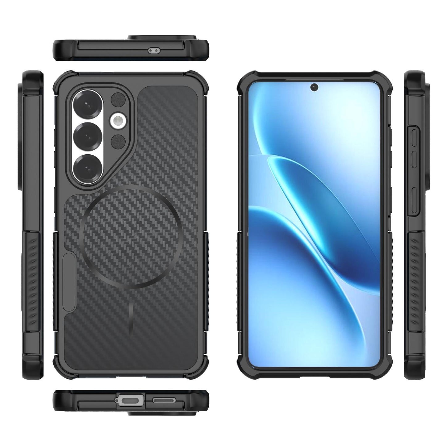 For Galaxy S26 5G Rugged Carbon Fiber Texture Airbag Shockproof Magnetic Phone Case(Black)